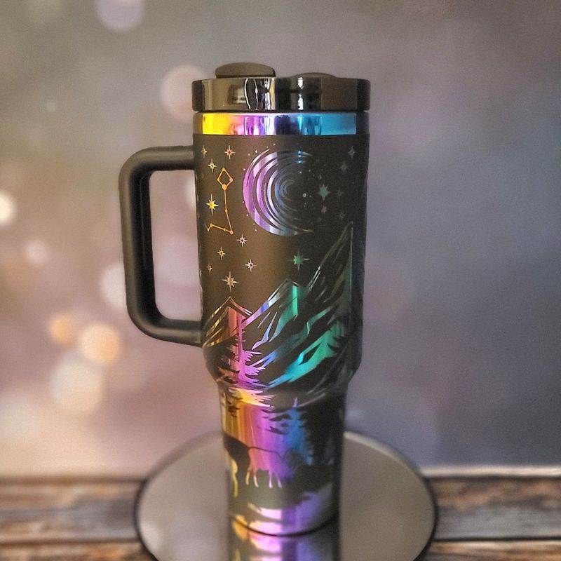Engraved Mountain Scene 40oz Tumbler, Iridescent rainbow engraved cup, Nature Enthusiast, Hiking Gift, Outdoor Activities and Sports (Black Rainbow)