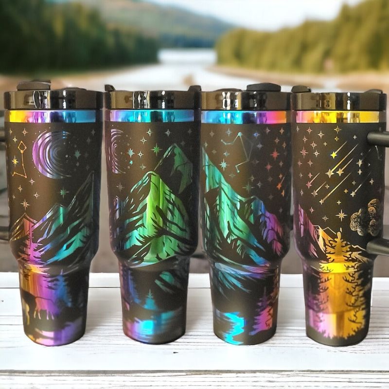 Engraved Mountain Scene 40oz Tumbler, Iridescent rainbow engraved cup, Nature Enthusiast, Hiking Gift, Outdoor Activities and Sports (Black Rainbow)