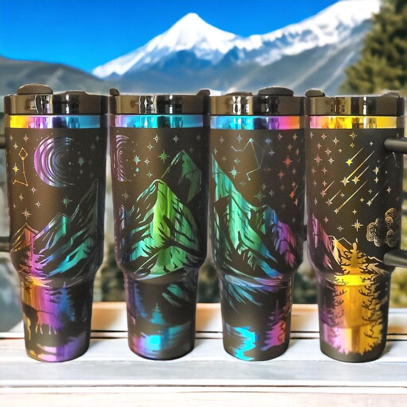 Engraved Mountain Scene 40oz Tumbler, Iridescent rainbow engraved cup, Nature Enthusiast, Hiking Gift, Outdoor Activities and Sports (Black Rainbow)