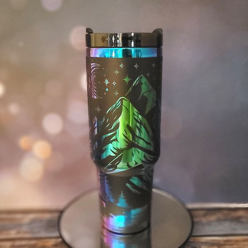 Engraved Mountain Scene 40oz Tumbler, Iridescent rainbow engraved cup, Nature Enthusiast, Hiking Gift, Outdoor Activities and Sports (Black Rainbow)