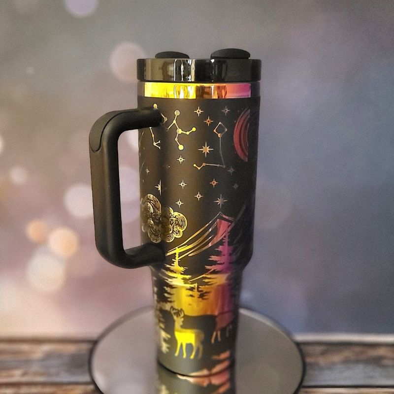 Engraved Mountain Scene 40oz Tumbler, Iridescent rainbow engraved cup, Nature Enthusiast, Hiking Gift, Outdoor Activities and Sports (Black Rainbow)