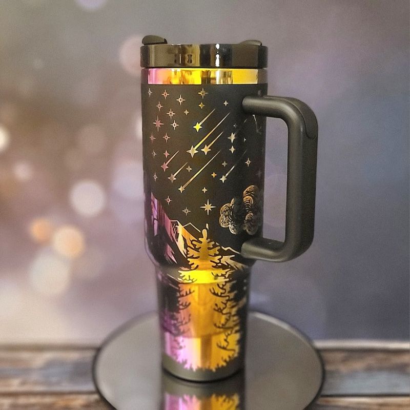 Engraved Mountain Scene 40oz Tumbler, Iridescent rainbow engraved cup, Nature Enthusiast, Hiking Gift, Outdoor Activities and Sports (Black Rainbow)