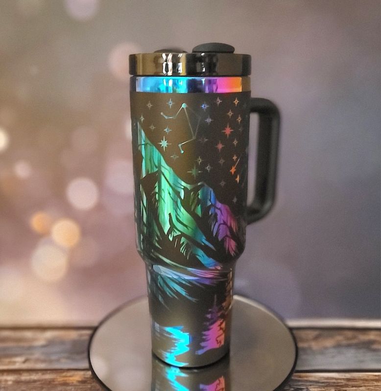 Engraved Mountain Scene 40oz Tumbler, Iridescent rainbow engraved cup, Nature Enthusiast, Hiking Gift, Outdoor Activities and Sports (Black Rainbow)