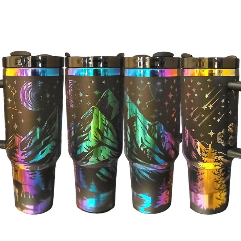 Engraved Mountain Scene 40oz Tumbler, Iridescent rainbow engraved cup, Nature Enthusiast, Hiking Gift, Outdoor Activities and Sports (Black Rainbow)