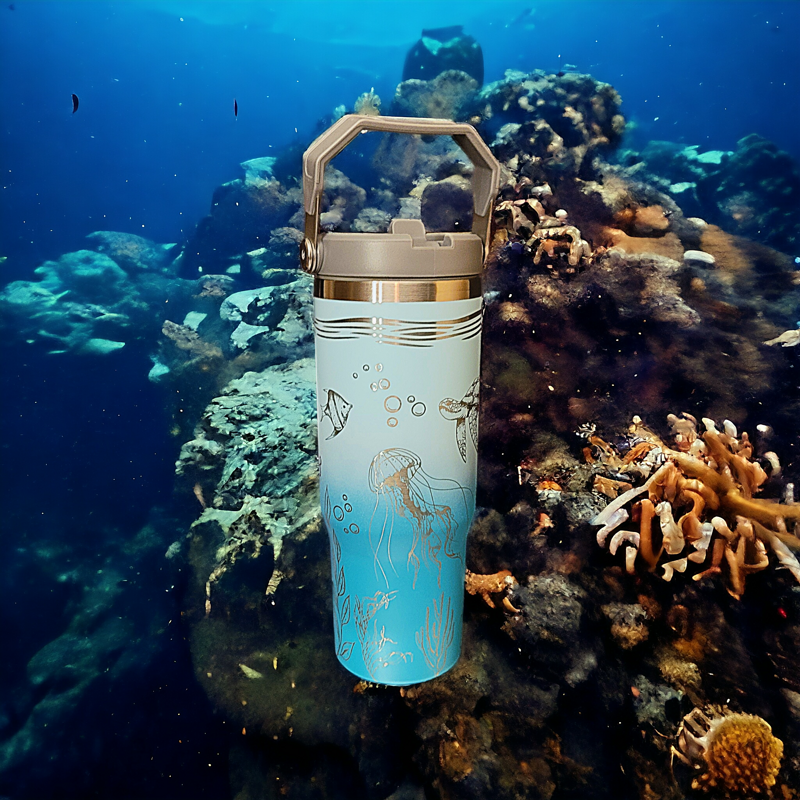 Laser Engraved Sea Creatures Tumbler - Octopus, Sea Turtle, Jellyfish Design - Ocean Themed Cups, Flip Cup with Straw, Underwater Cup Design (Aqua Ombre)