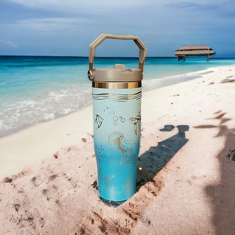 Laser Engraved Sea Creatures Tumbler - Octopus, Sea Turtle, Jellyfish Design - Ocean Themed Cups, Flip Cup with Straw, Underwater Cup Design (Aqua Ombre)