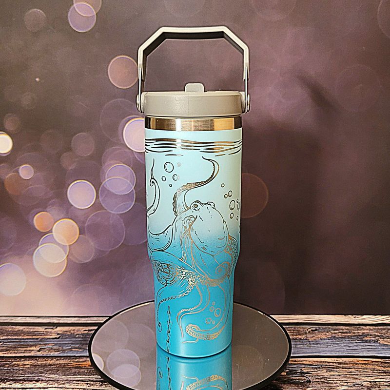 Laser Engraved Sea Creatures Tumbler - Octopus, Sea Turtle, Jellyfish Design - Ocean Themed Cups, Flip Cup with Straw, Underwater Cup Design (Aqua Ombre)