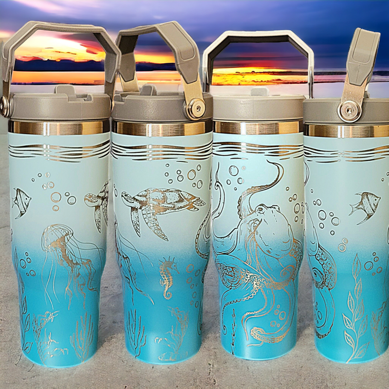 Laser Engraved Sea Creatures Tumbler - Octopus, Sea Turtle, Jellyfish Design - Ocean Themed Cups, Flip Cup with Straw, Underwater Cup Design (Aqua Ombre)