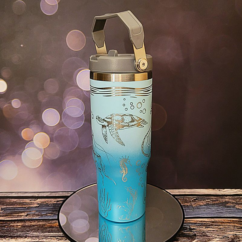 Laser Engraved Sea Creatures Tumbler - Octopus, Sea Turtle, Jellyfish Design - Ocean Themed Cups, Flip Cup with Straw, Underwater Cup Design (Aqua Ombre)