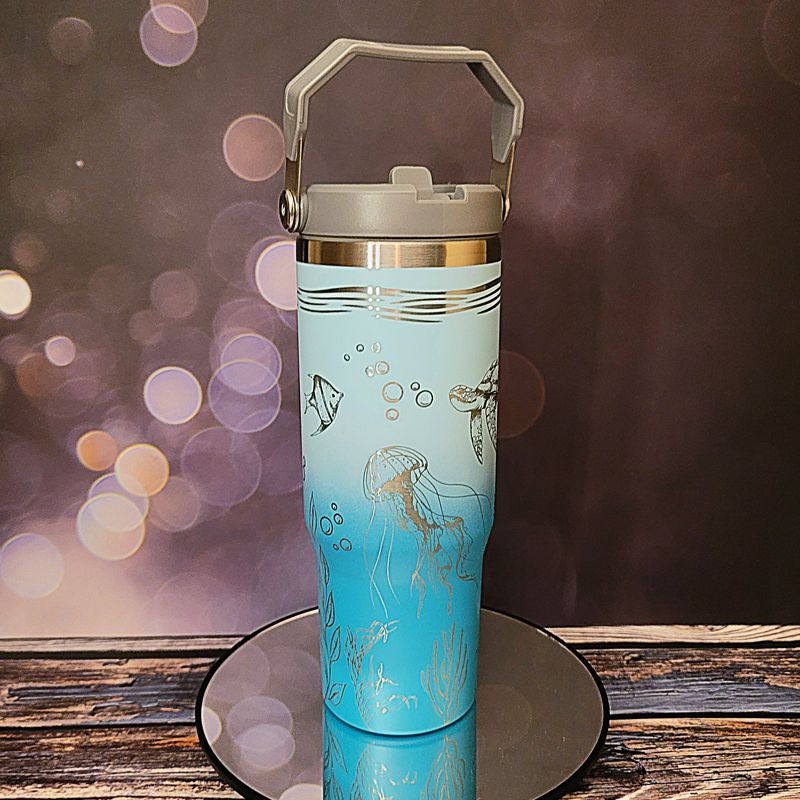 Laser Engraved Sea Creatures Tumbler - Octopus, Sea Turtle, Jellyfish Design - Ocean Themed Cups, Flip Cup with Straw, Underwater Cup Design (Aqua Ombre)