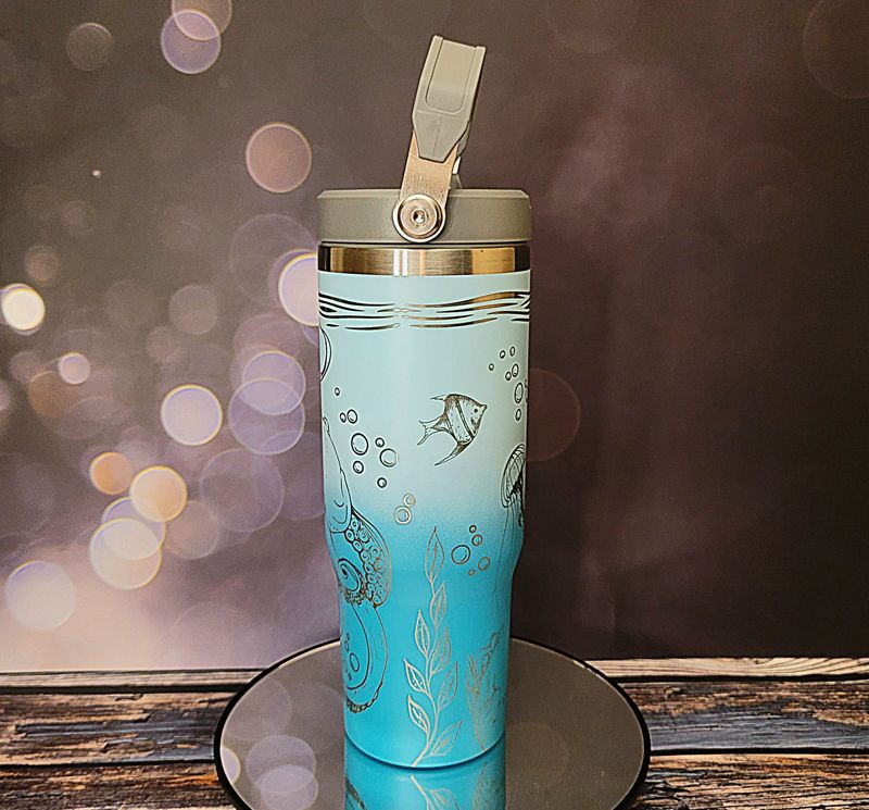 Laser Engraved Sea Creatures Tumbler - Octopus, Sea Turtle, Jellyfish Design - Ocean Themed Cups, Flip Cup with Straw, Underwater Cup Design (Aqua Ombre)
