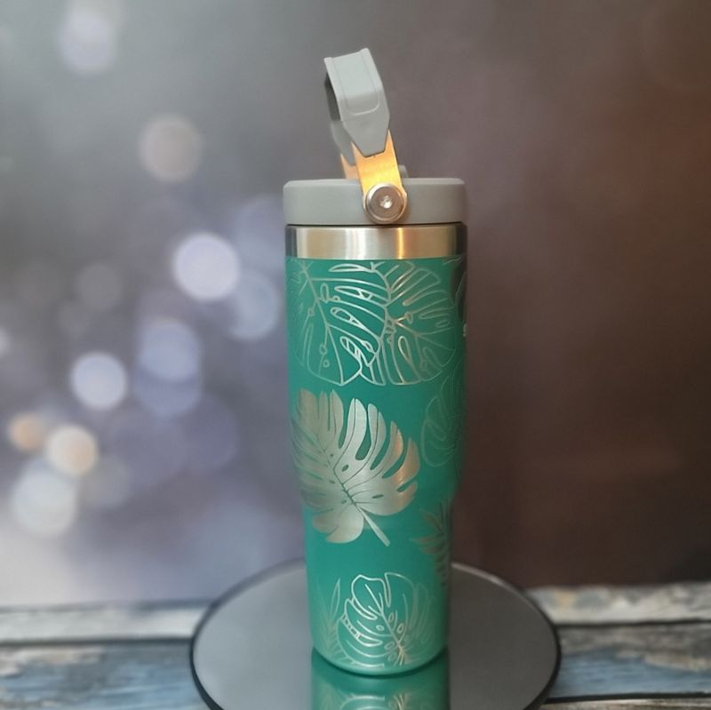 Laser Engraved Monstera Leaf Tumbler, Flip Cup with Straw (Aqua Ombre)
