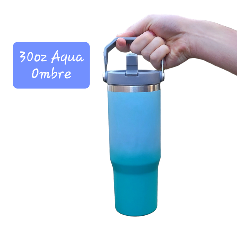 Laser Engraved Monstera Leaf Tumbler, Flip Cup with Straw (Aqua Ombre)