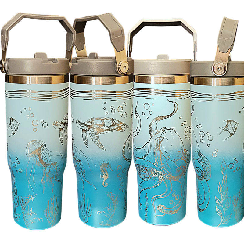 Laser Engraved Sea Creatures Tumbler - Octopus, Sea Turtle, Jellyfish Design - Ocean Themed Cups, Flip Cup with Straw, Underwater Cup Design (Aqua Ombre)