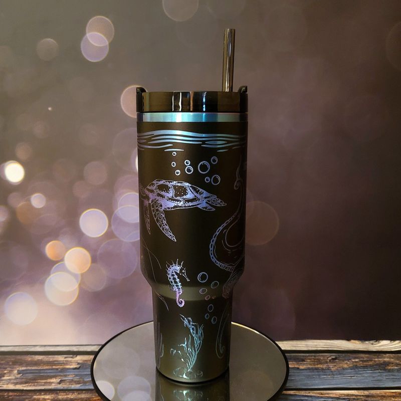 Ocean Adventure 40oz Laser-Engraved Tumbler: Whimsical Sea Creatures and Your Choice of Colors (30oz Pool H2.0)