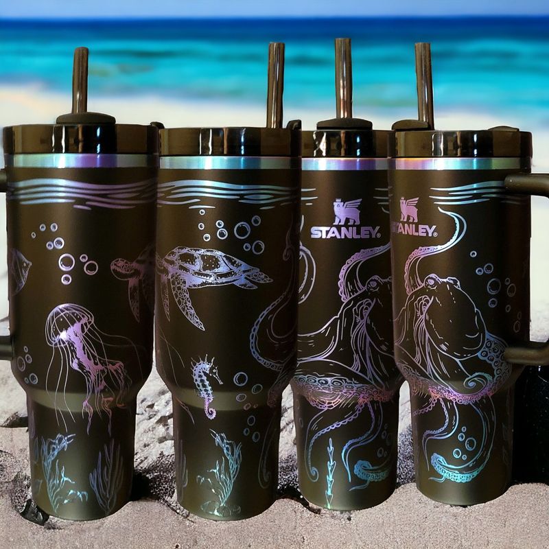 Ocean Adventure 40oz Laser-Engraved Tumbler: Whimsical Sea Creatures and Your Choice of Colors (30oz Pool H2.0)