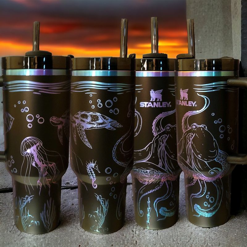 Ocean Adventure 40oz Laser-Engraved Tumbler: Whimsical Sea Creatures and Your Choice of Colors (30oz Pool H2.0)