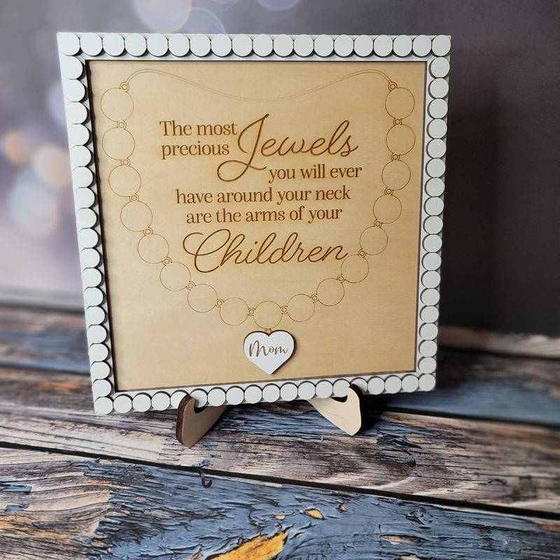Handcrafted Mother's Day Sign: Personalized Wood Art with Customizable Necklace and Easel