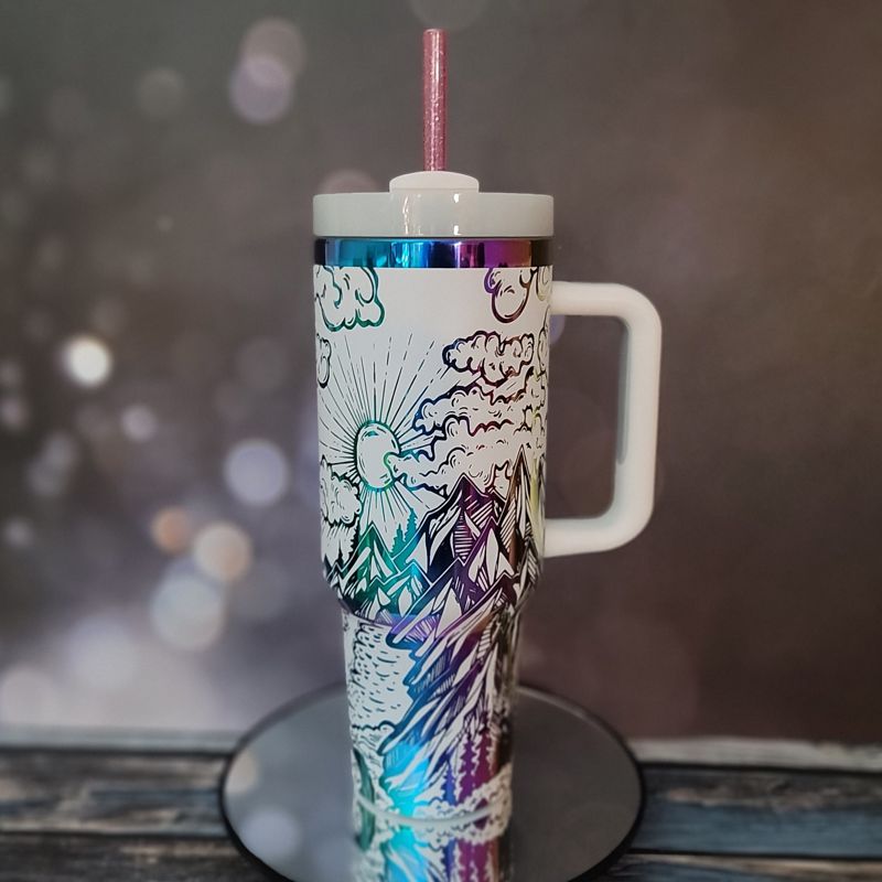 Mystical Mountain Tumbler - Personalized 40oz Stainless Steel Mug with Straw (Black Rainbow, Design Only)