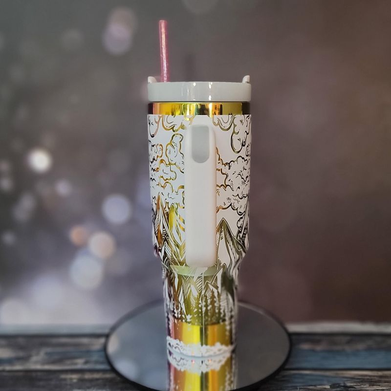 Mystical Mountain Tumbler - Personalized 40oz Stainless Steel Mug with Straw (Black Rainbow, Design Only)