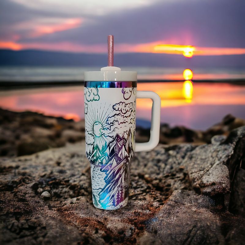 Mystical Mountain Tumbler - Personalized 40oz Stainless Steel Mug with Straw (Black Rainbow, Design Only)