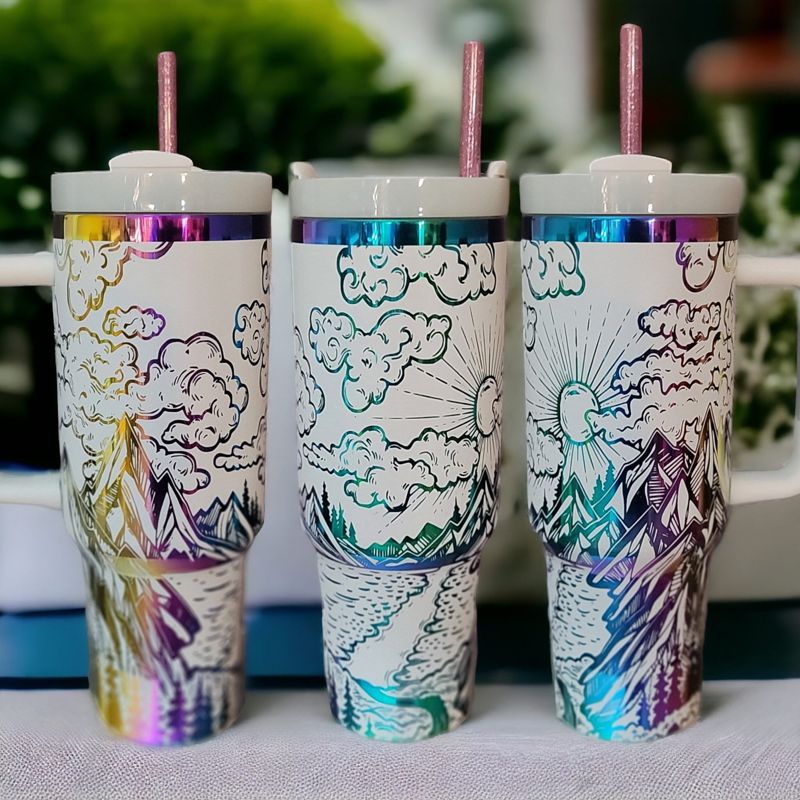 Mystical Mountain Tumbler - Personalized 40oz Stainless Steel Mug with Straw (Black Rainbow, Design Only)