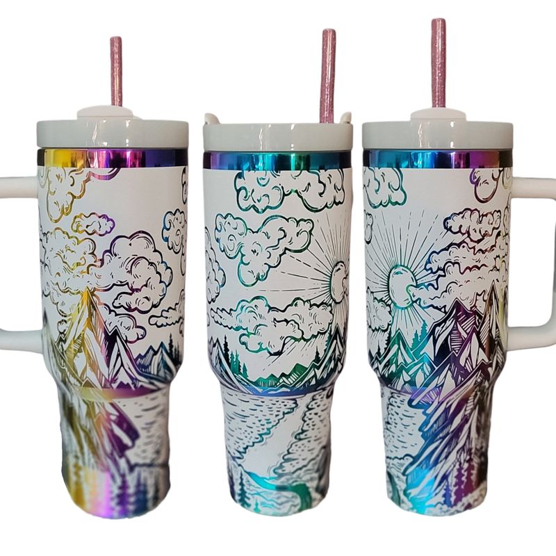Mystical Mountain Tumbler - Personalized 40oz Stainless Steel Mug with Straw (Black Rainbow, Design Only)
