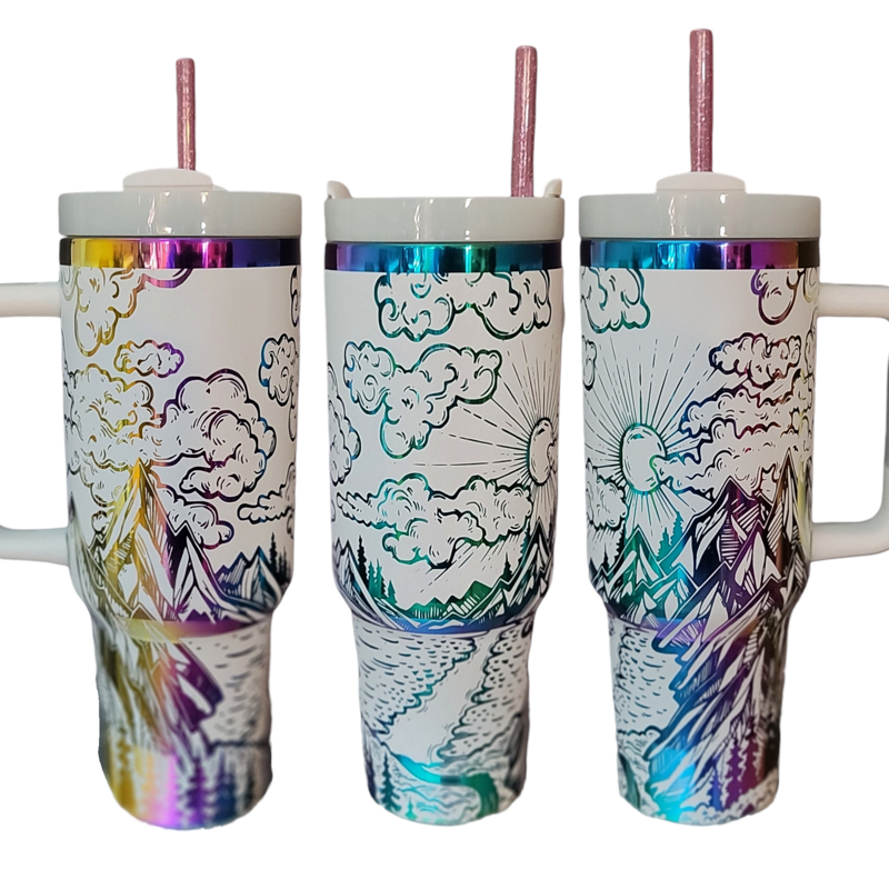 Mystical Mountain Tumbler - Personalized 40oz Stainless Steel Mug with Straw (Black Rainbow, Design Only)