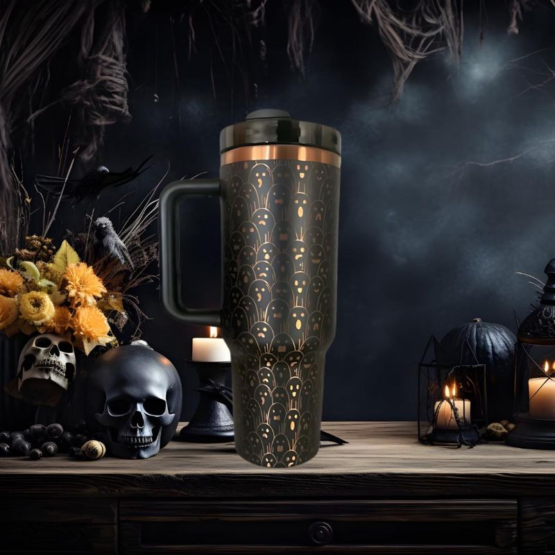 40oz Ghostly Copper Tumbler with Handle, Lid, and Straw - Black or White - Laser Engraved Ghost Design - Perfect Halloween Gift (Black Copper)