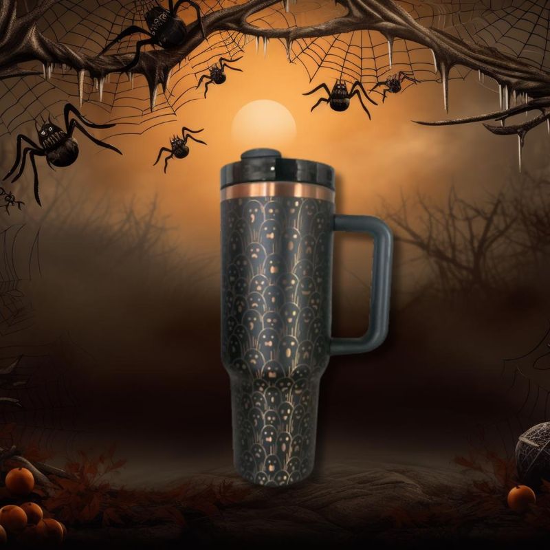 40oz Ghostly Copper Tumbler with Handle, Lid, and Straw - Black or White - Laser Engraved Ghost Design - Perfect Halloween Gift (Black Copper)