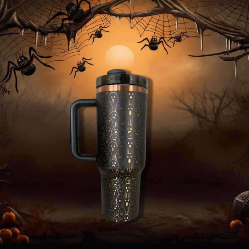 40oz Ghostly Copper Tumbler with Handle, Lid, and Straw - Black or White - Laser Engraved Ghost Design - Perfect Halloween Gift (Black Copper)