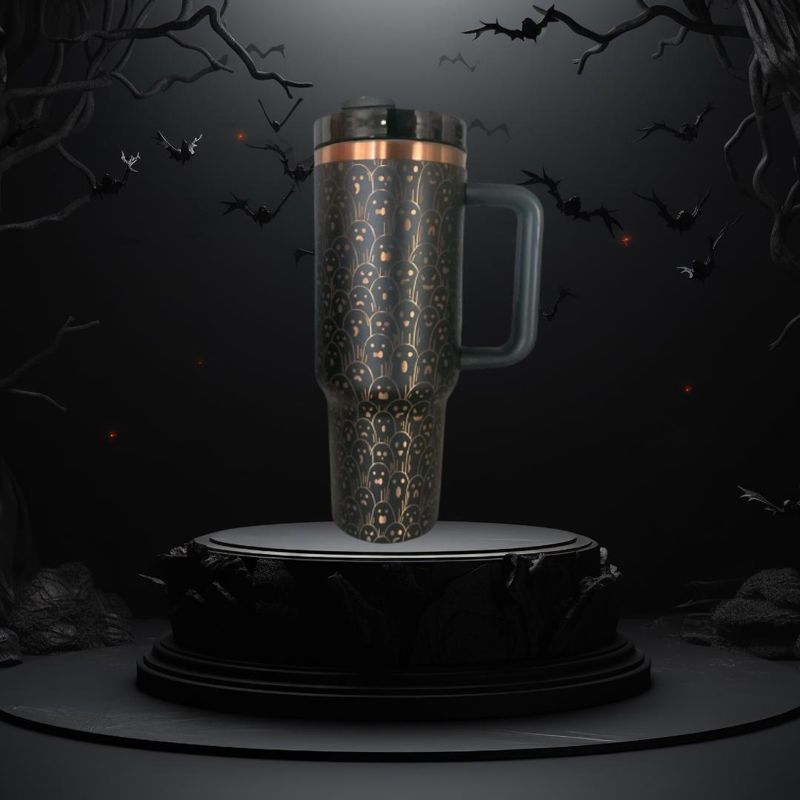 40oz Ghostly Copper Tumbler with Handle, Lid, and Straw - Black or White - Laser Engraved Ghost Design - Perfect Halloween Gift (Black Copper)