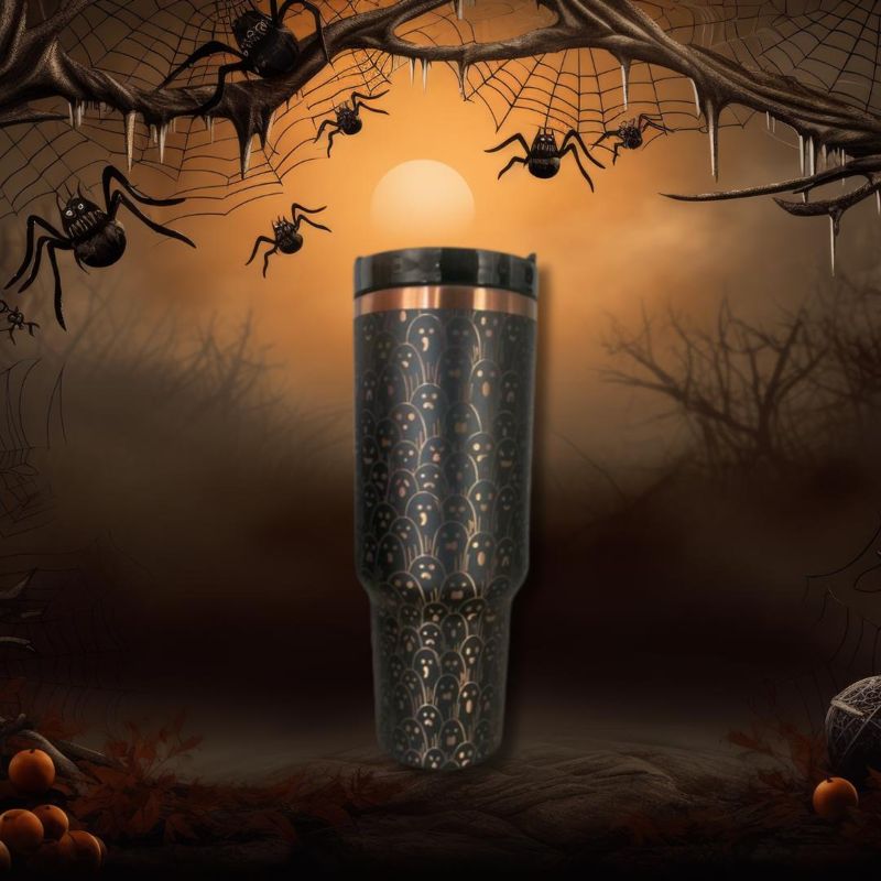 40oz Ghostly Copper Tumbler with Handle, Lid, and Straw - Black or White - Laser Engraved Ghost Design - Perfect Halloween Gift (Black Copper)