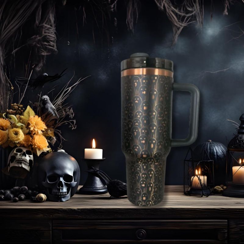 40oz Ghostly Copper Tumbler with Handle, Lid, and Straw - Black or White - Laser Engraved Ghost Design - Perfect Halloween Gift (Black Copper)