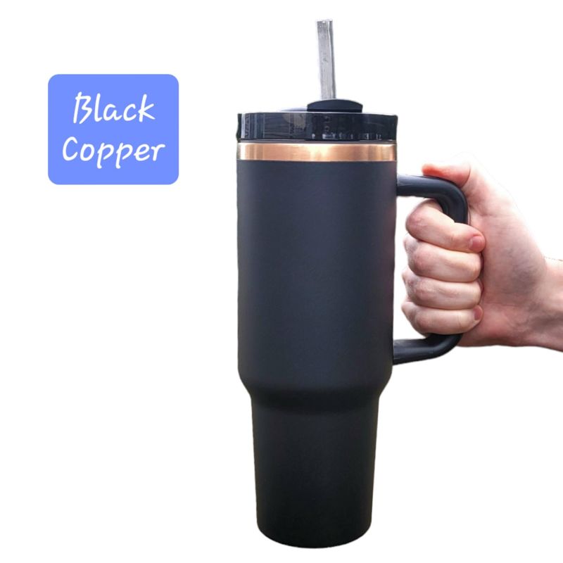 40oz Ghostly Copper Tumbler with Handle, Lid, and Straw - Black or White - Laser Engraved Ghost Design - Perfect Halloween Gift (Black Copper)