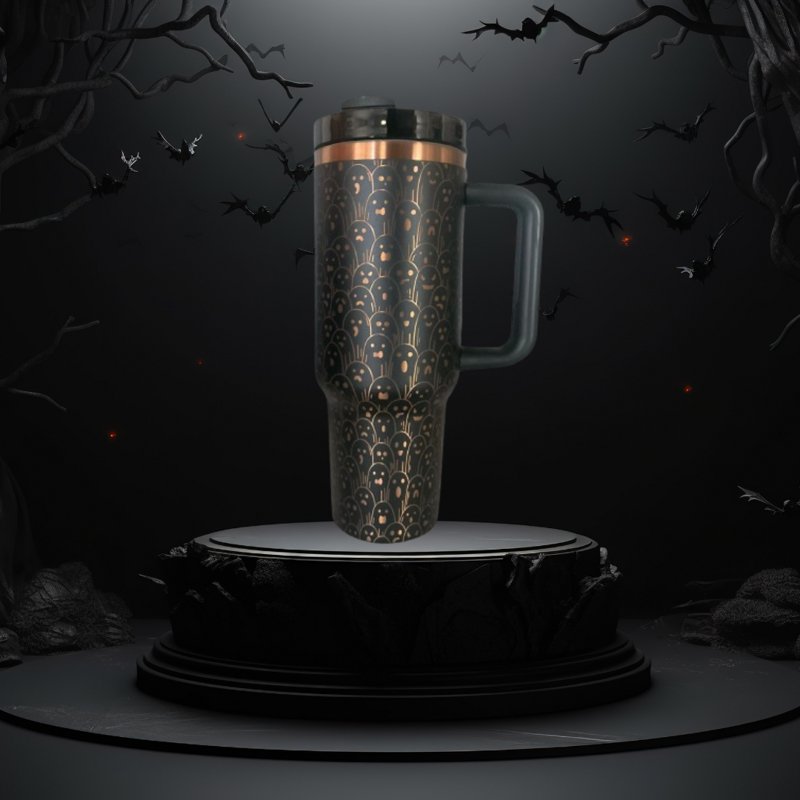40oz Ghostly Copper Tumbler with Handle, Lid, and Straw - Black or White - Laser Engraved Ghost Design - Perfect Halloween Gift (Black Copper)