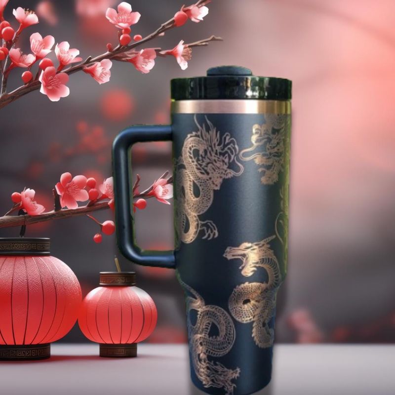 40oz Dragon Tumbler with Handle, Lid, and Straw - Laser Engraved Copper Design (Black Copper)
