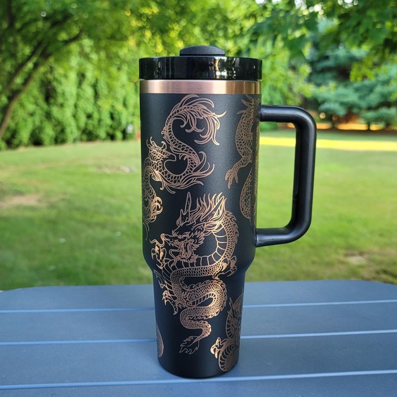 40oz Dragon Tumbler with Handle, Lid, and Straw - Laser Engraved Copper Design (Black Copper)