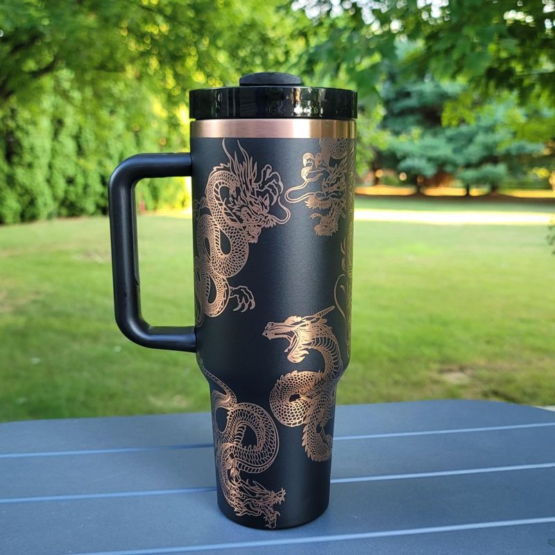 40oz Dragon Tumbler with Handle, Lid, and Straw - Laser Engraved Copper Design (Black Copper)