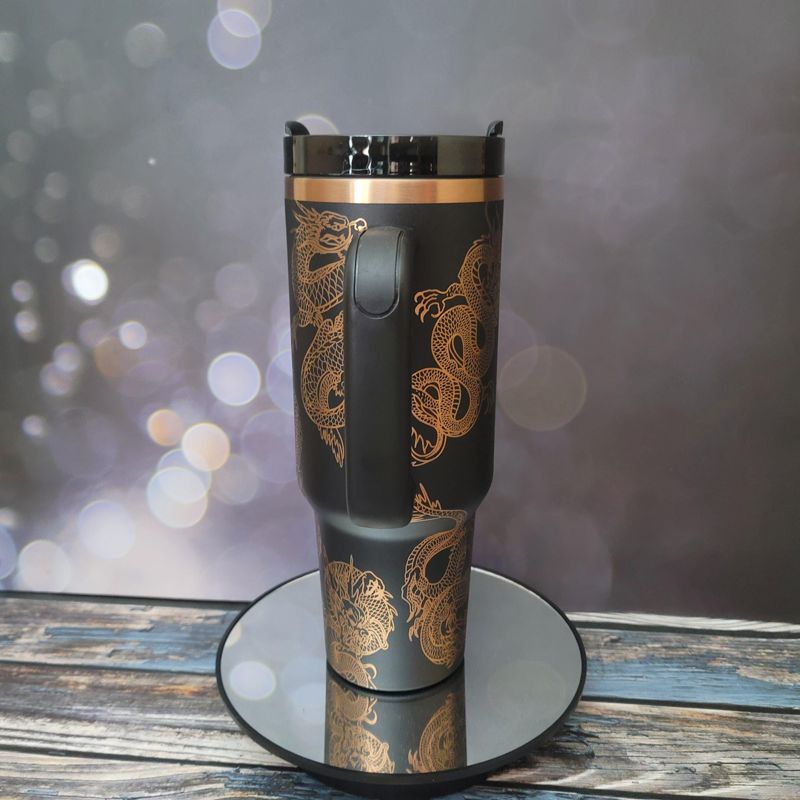 40oz Dragon Tumbler with Handle, Lid, and Straw - Laser Engraved Copper Design (Black Copper)