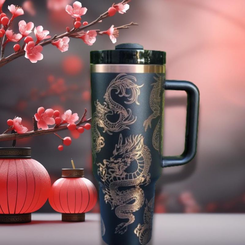 40oz Dragon Tumbler with Handle, Lid, and Straw - Laser Engraved Copper Design (Black Copper)