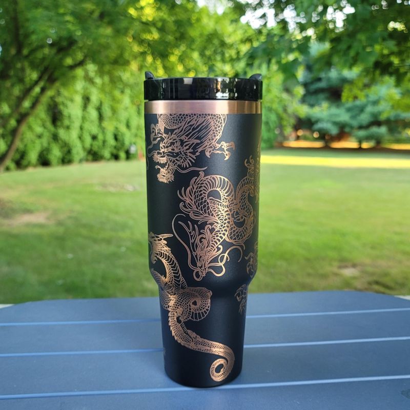 40oz Dragon Tumbler with Handle, Lid, and Straw - Laser Engraved Copper Design (Black Copper)