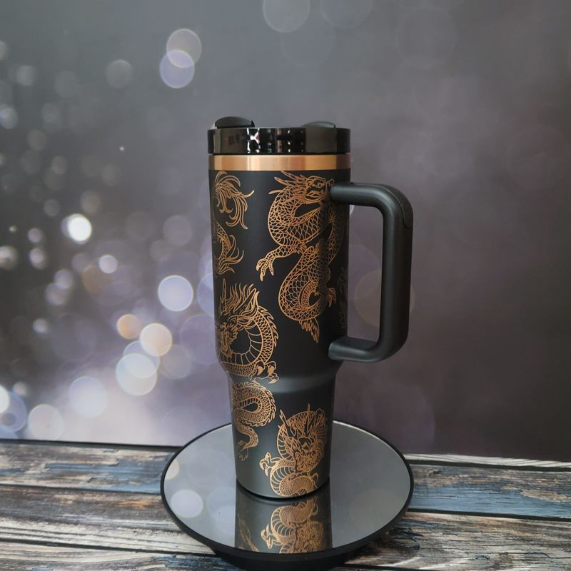 40oz Dragon Tumbler with Handle, Lid, and Straw - Laser Engraved Copper Design (Black Copper)
