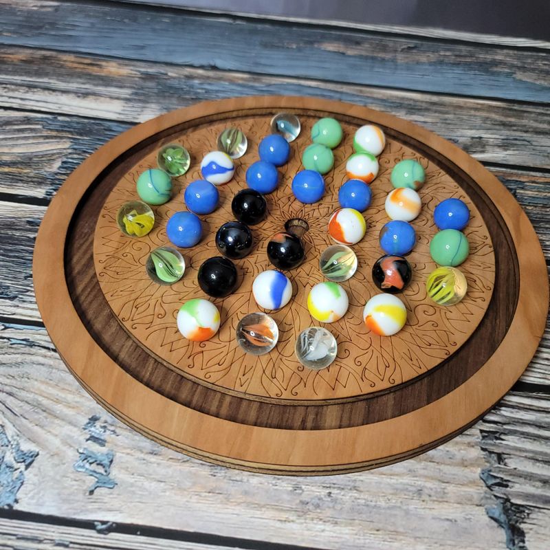 Marble Solitaire Board Game – Laser-Cut Cherry or Walnut Wood, Boho Design, Family Heirloom Gift (Cherry)