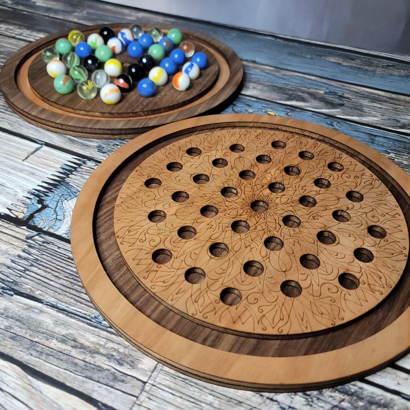 Marble Solitaire Board Game – Laser-Cut Cherry or Walnut Wood, Boho Design, Family Heirloom Gift (Cherry)