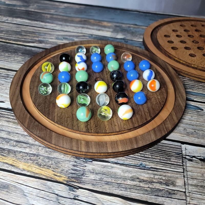 Marble Solitaire Board Game – Laser-Cut Cherry or Walnut Wood, Boho Design, Family Heirloom Gift (Cherry)