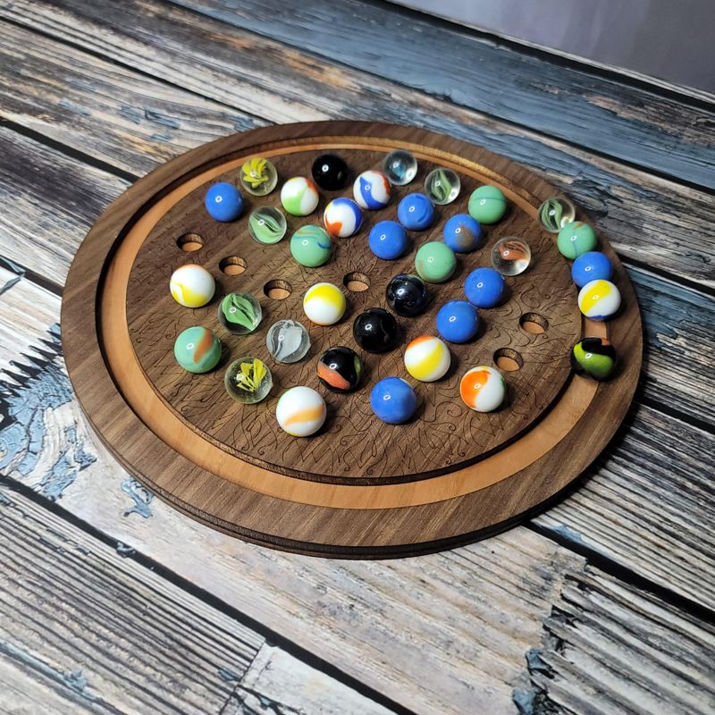 Marble Solitaire Board Game – Laser-Cut Cherry or Walnut Wood, Boho Design, Family Heirloom Gift (Cherry)