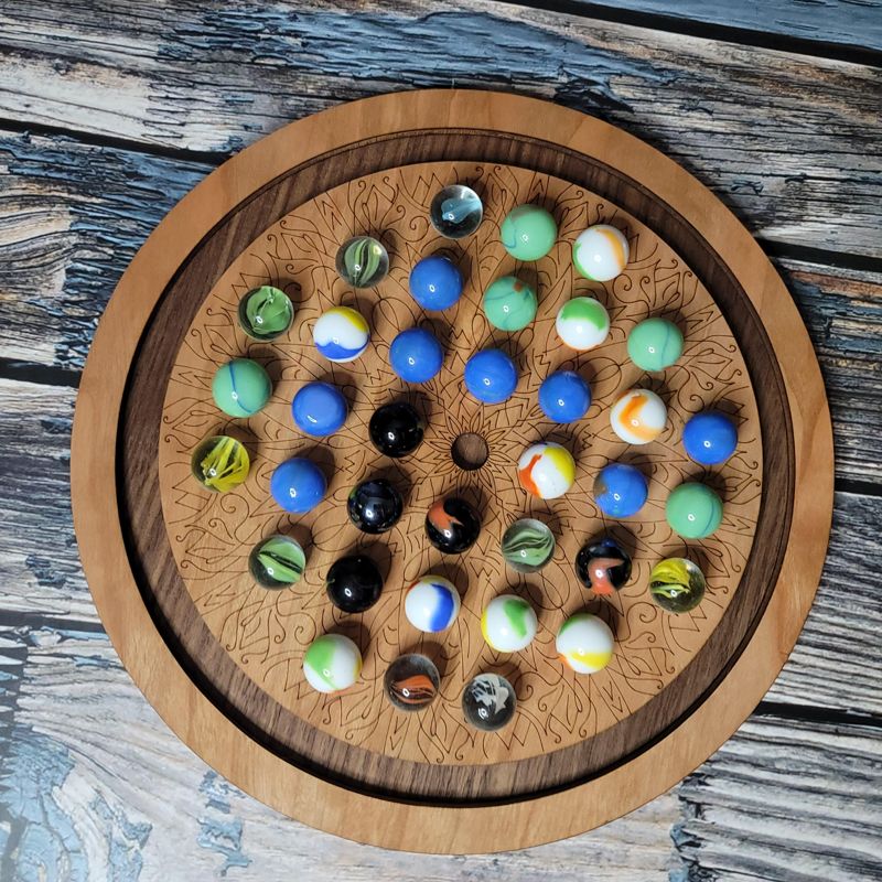 Marble Solitaire Board Game – Laser-Cut Cherry or Walnut Wood, Boho Design, Family Heirloom Gift (Cherry)