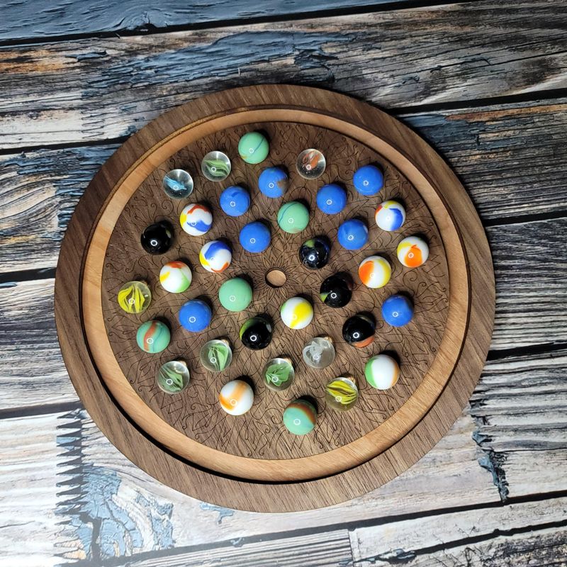 Marble Solitaire Board Game – Laser-Cut Cherry or Walnut Wood, Boho Design, Family Heirloom Gift (Cherry)