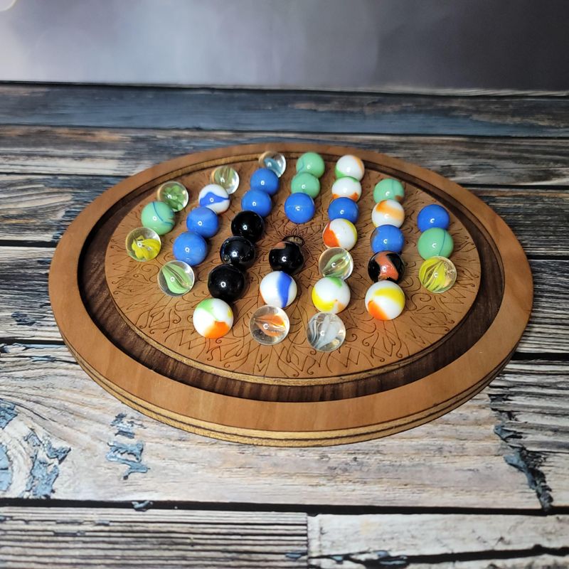 Marble Solitaire Board Game – Laser-Cut Cherry or Walnut Wood, Boho Design, Family Heirloom Gift (Cherry)